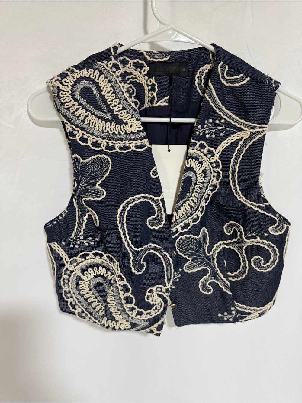Zara Navy Vest with Cream Paisley Embroidery NWT Size M